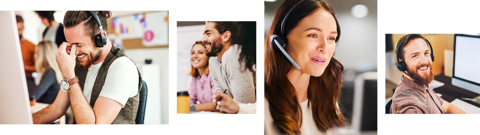 Collage von vier lachenden Menschen in Bürosituationen, teils mit Headsets, vor Computern oder in Besprechungen.
