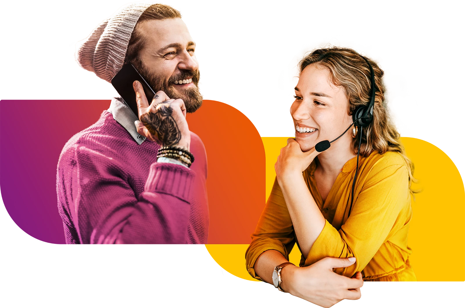 Zwei Personen kommunizieren fröhlich per Telefon und Headset